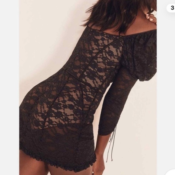 For Love and Lemons Dress Violetta Lace Up Mini Puff Sleeve Black Lace XS - Picture 2 of 8